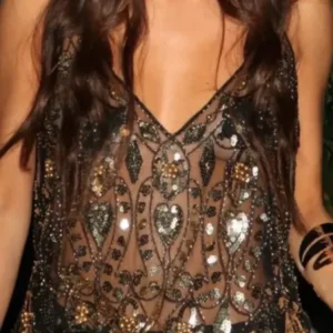 Black Embellished Sheer Vneck Top