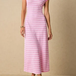 Pink Striped Cap Sleeves Midi Dress