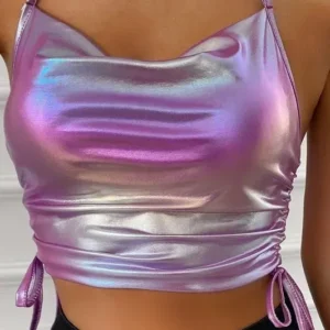Holographic Cowl Neck Tie-Up Crop Top