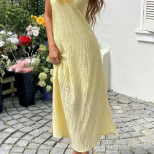 Light Yellow Floral Halter Maxi Dress